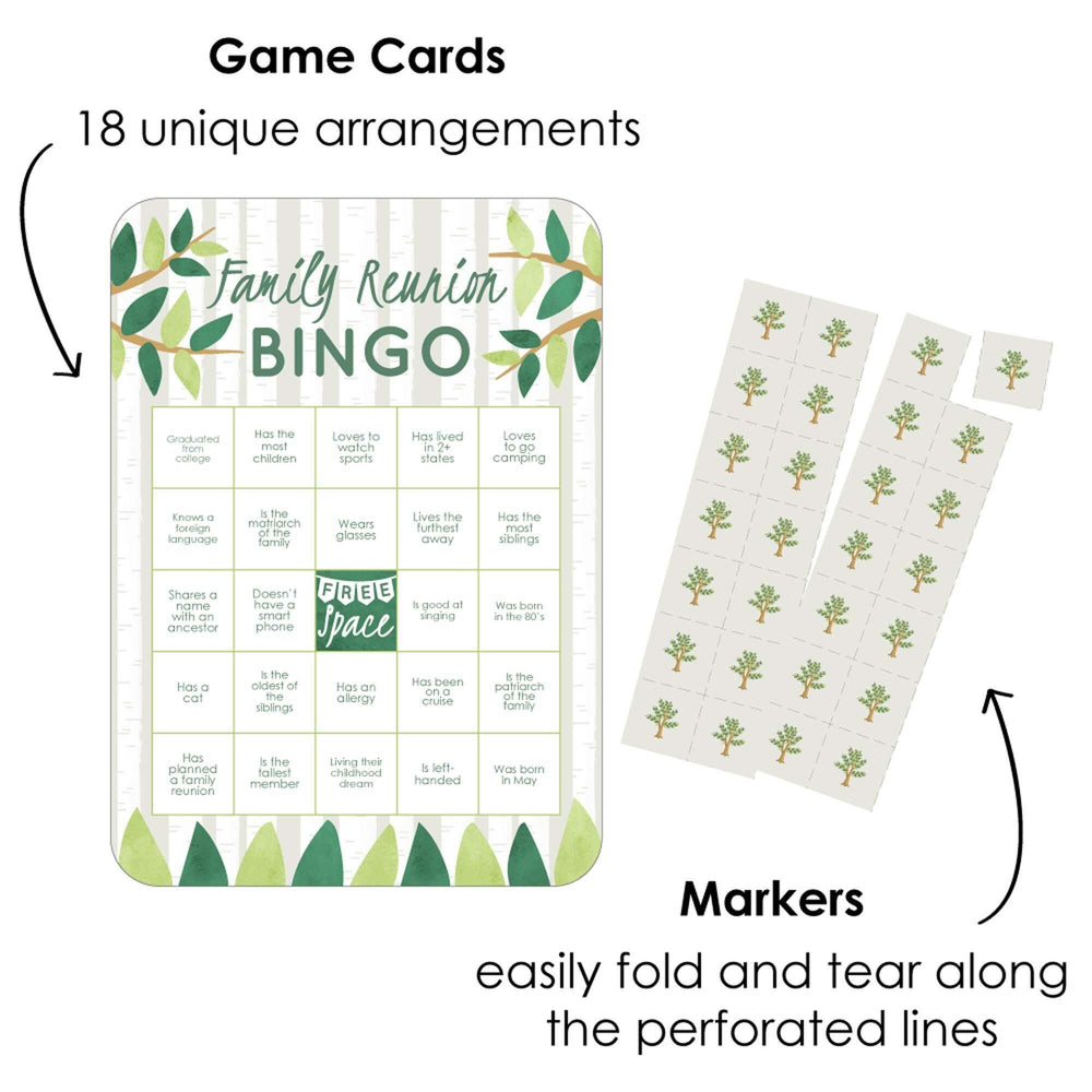Family Tree Reunion - Bingo Cards and Markers - Family Gathering Party Bingo Game - Set of 18