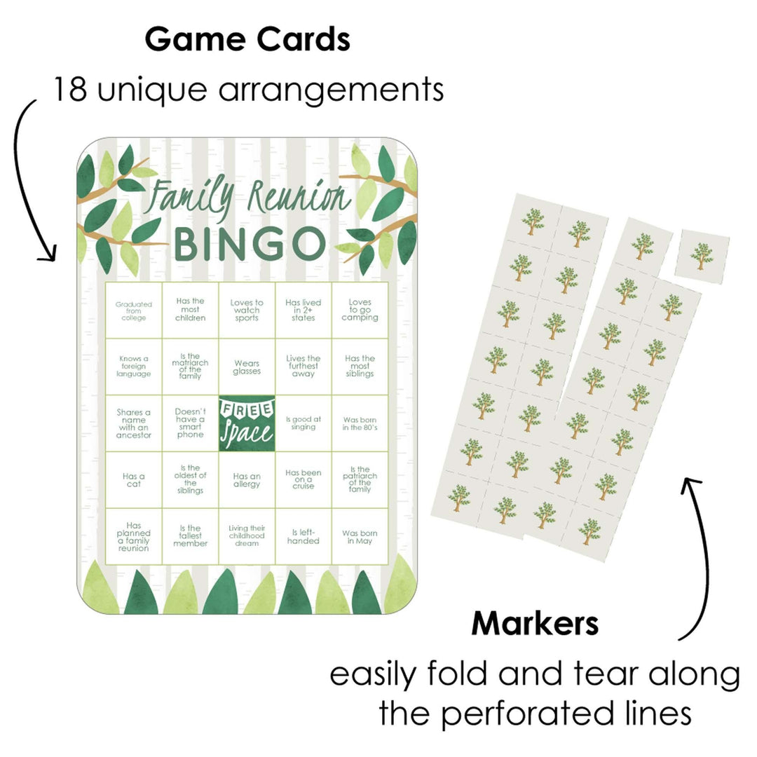 Family Tree Reunion - Bingo Cards and Markers - Family Gathering Party Bingo Game - Set of 18