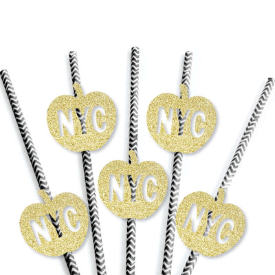 Gold Glitter NYC Apple Party Straws - No-Mess Real Gold Glitter Cut-Outs and Decorative New York City Party Paper Straws - Set of 24
