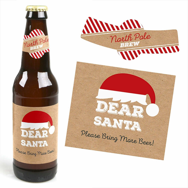 Funny Jolly Santa Claus - Christmas - Decorations for Women and Men - 6 Beer Bottle Label Stickers and 1 Carrier