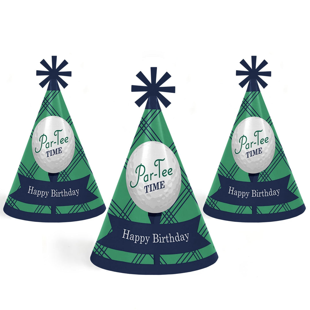 Par-Tee Time - Golf - Cone Happy Birthday Party Hats for Kids and Adults - Set of 8 (Standard Size)