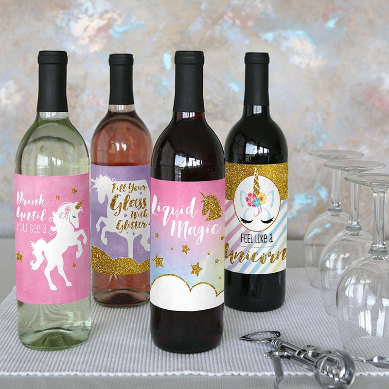 Rainbow Unicorn - Magical Unicorn Baby Shower or Birthday Party Decorations for Women and Men - Wine Bottle Label Stickers - Set of 4