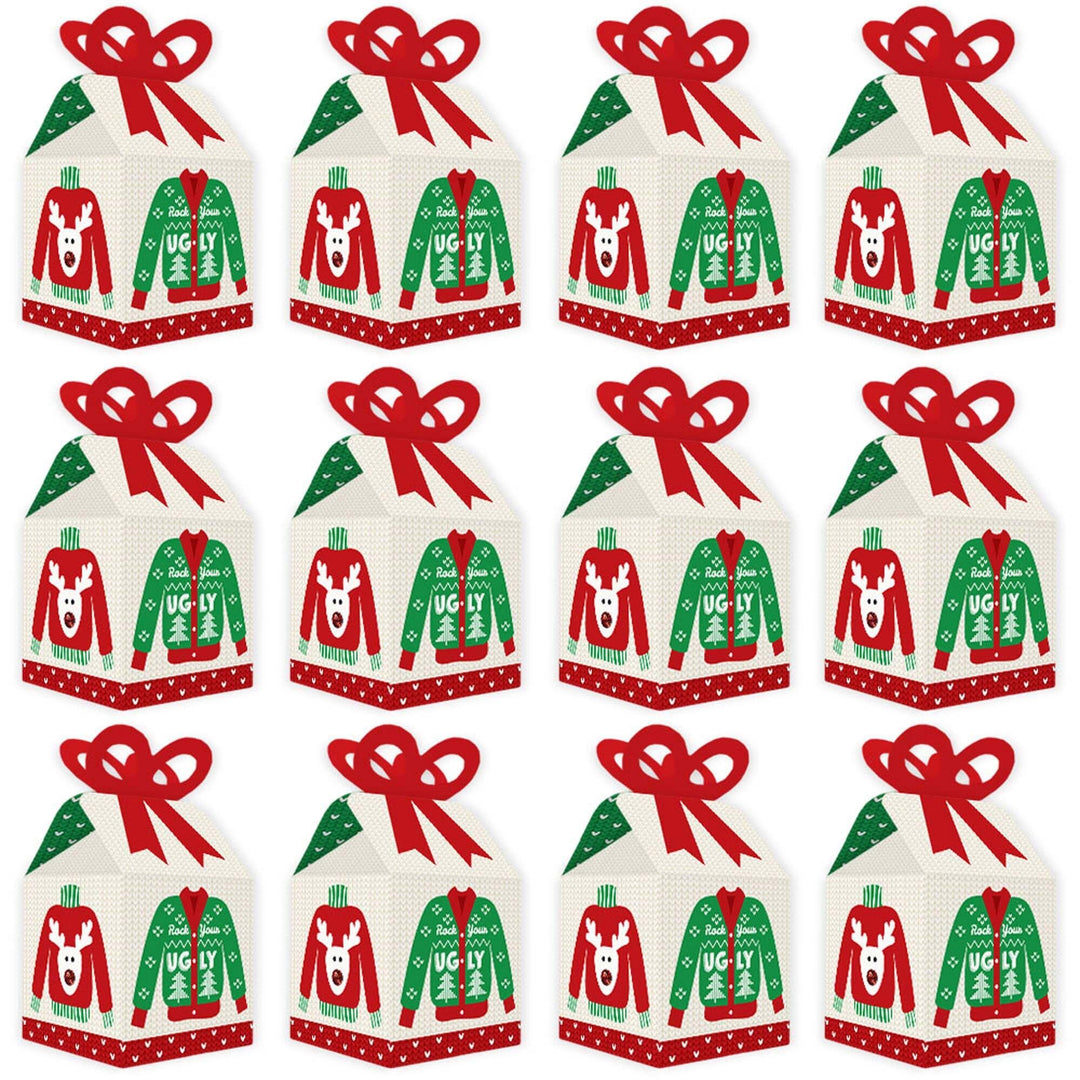 Ugly Sweater - Square Favor Gift Boxes - Holiday and Christmas Party Bow Boxes - Set of 12