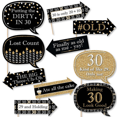 Funny Adult 30th Birthday - Gold - 10 Piece Birthday Party Photo Booth Props Kit