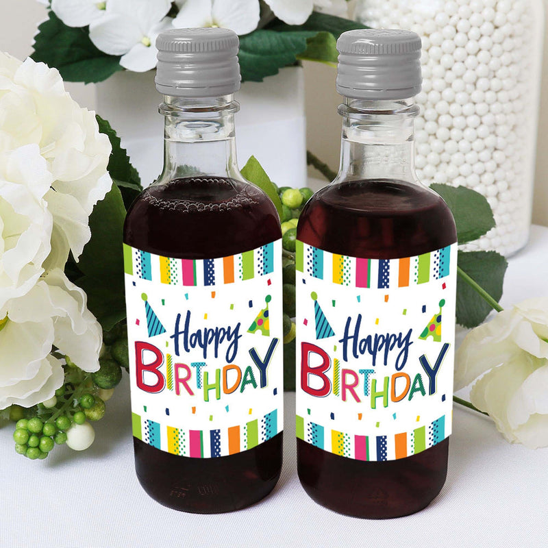 Cheerful Happy Birthday - Mini Wine and Champagne Bottle Label Stickers - Colorful Birthday Party Favor Gift - For Women and Men - Set of 16