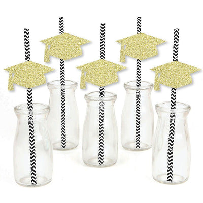 Gold Glitter Grad Cap Party Straws - No-Mess Real Gold Glitter Cut-Outs & Decorative Graduation Party Paper Straws - Set of 24