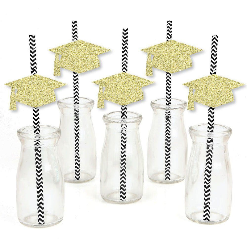 Gold Glitter Grad Cap Party Straws - No-Mess Real Gold Glitter Cut-Outs & Decorative Graduation Party Paper Straws - Set of 24