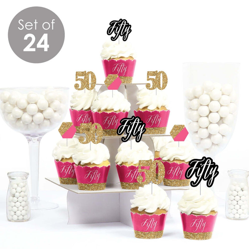 Chic 50th Birthday - Pink, Black and Gold - Cupcake Decorations - Birthday Party Cupcake Wrappers and Treat Picks Kit - Set of 24