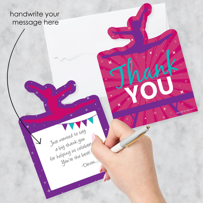 Tumble, Flip & Twirl - Gymnastics - Shaped Thank You Cards - Birthday Party or Gymnast Party Thank You Note Cards with Envelopes - Set of 12