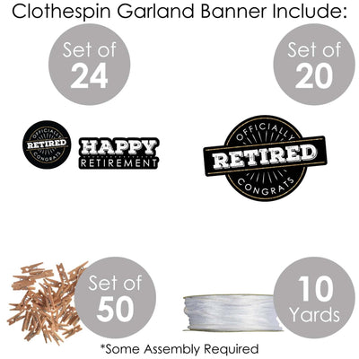 Happy Retirement - Retirement Party DIY Decorations - Clothespin Garland Banner - 44 Pieces