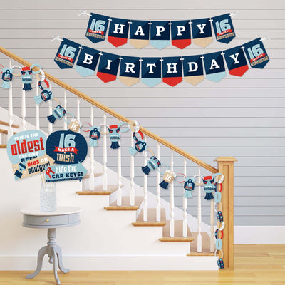 Boy 16th Birthday - Banner and Photo Booth Decorations - Sweet Sixteen Birthday Party Supplies Kit - Doterrific Bundle