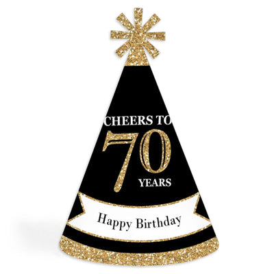 Adult 70th Birthday - Gold - Cone Birthday Party Hats for Adults - Set of 8 (Standard Size)
