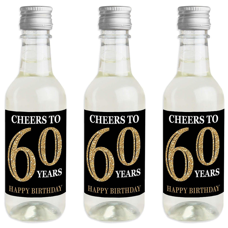 Adult 60th Birthday - Gold - Mini Wine and Champagne Bottle Label Stickers - Birthday Party Favor Gift - For Women and Men - Set of 16