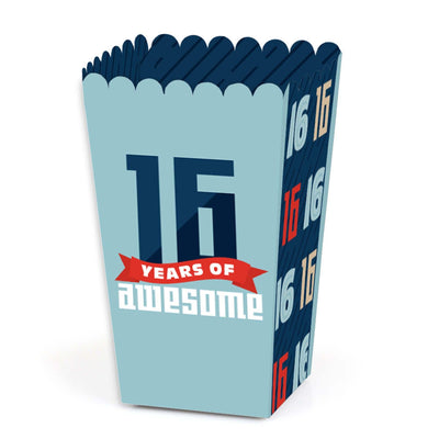 Boy 16th Birthday - Sweet Sixteen Birthday Party Favor Popcorn Treat Boxes - Set of 12