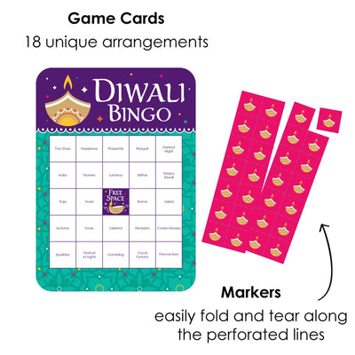 Happy Diwali - Bingo Cards and Markers - Festival of Lights Party Bingo Game - Set of 18