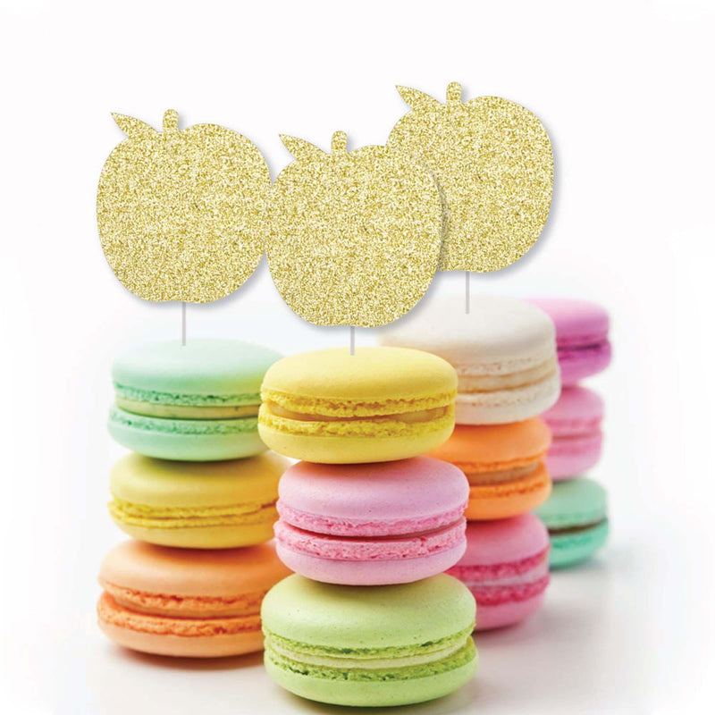 Gold Glitter Apple - No-Mess Real Gold Glitter Dessert Cupcake Toppers - Jewish New Year Clear Treat Picks - Set of 24