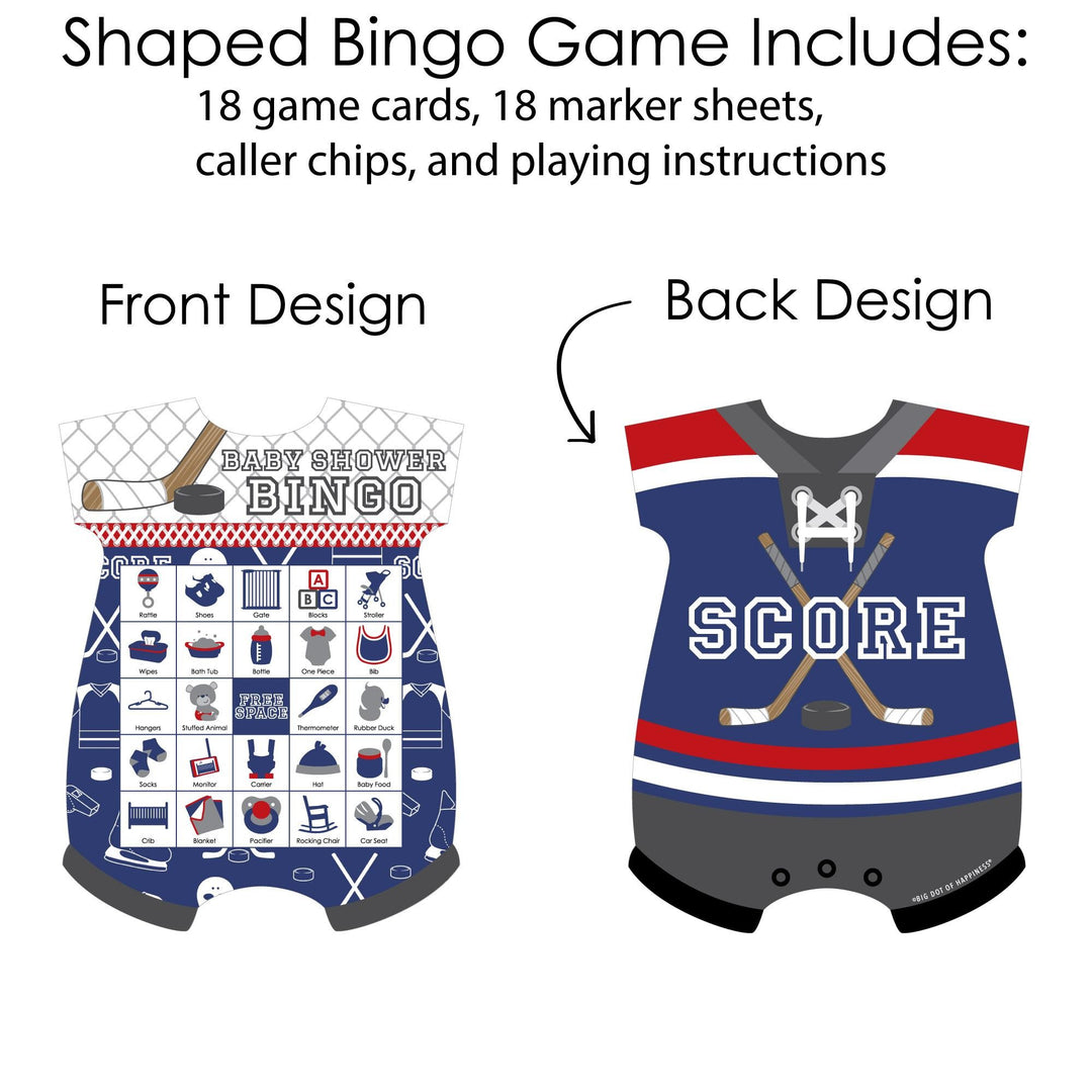 Shoots & Scores! - Hockey - Picture Bingo Cards and Markers - Baby Shower Shaped Bingo Game - Set of 18