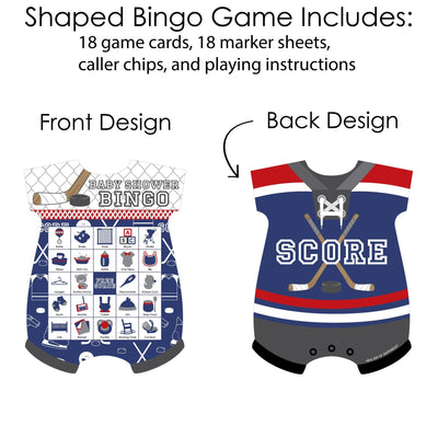 Shoots & Scores! - Hockey - Picture Bingo Cards and Markers - Baby Shower Shaped Bingo Game - Set of 18