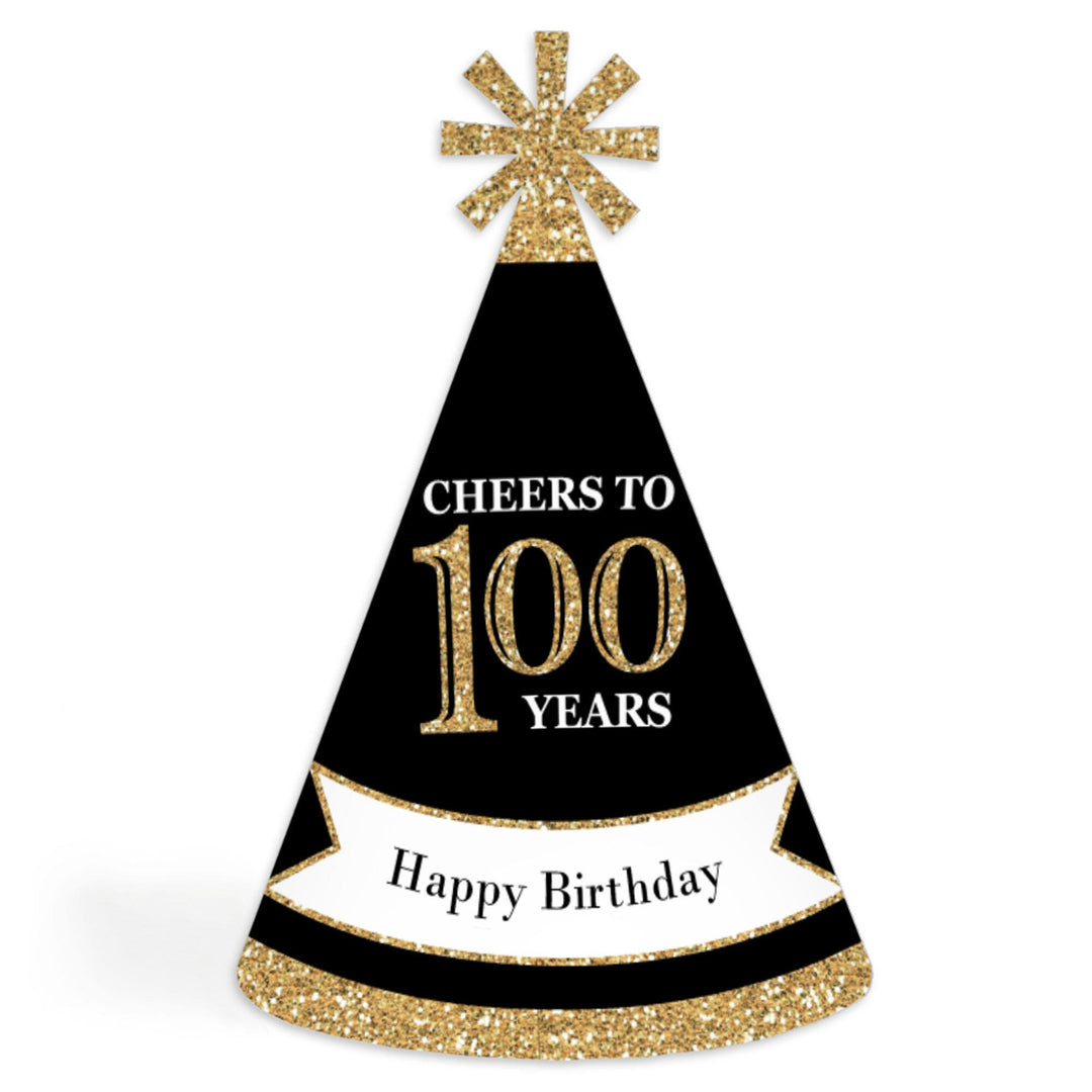Adult 100th Birthday - Gold - Cone Birthday Party Hats for Adults - Set of 8 (Standard Size)