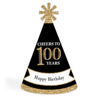 Adult 100th Birthday - Gold - Cone Birthday Party Hats for Adults - Set of 8 (Standard Size)