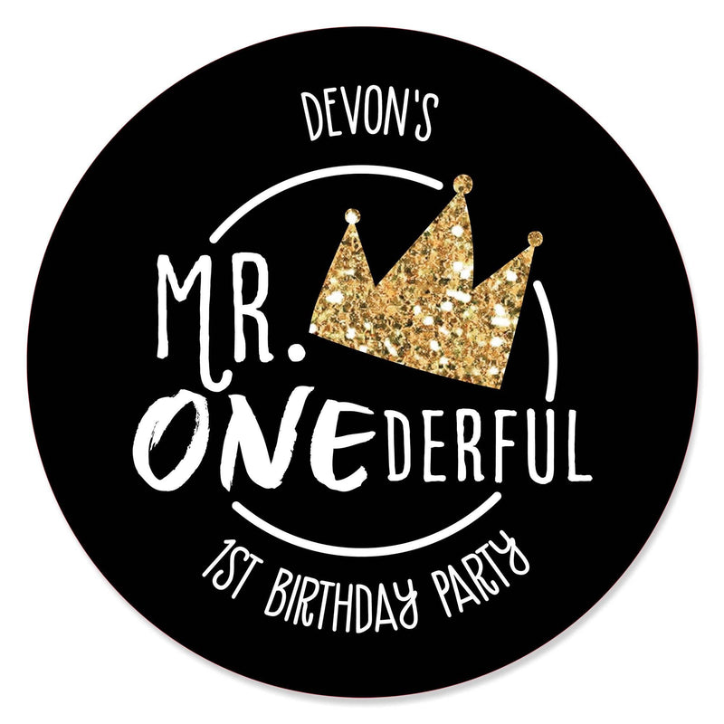 1st Birthday Little Mr. Onederful - Personalized Boy First Birthday Party Circle Sticker Labels - 24 Count