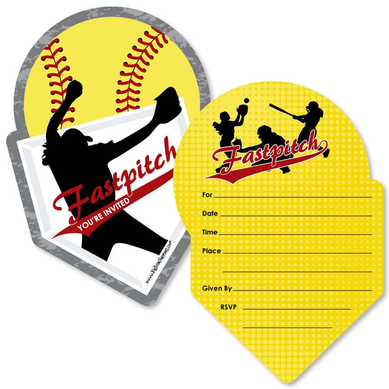 Grand Slam - Fastpitch Softball - Shaped Fill-In Invitations - Baby Shower or Birthday Party Invitation Cards with Envelopes - Set of 12