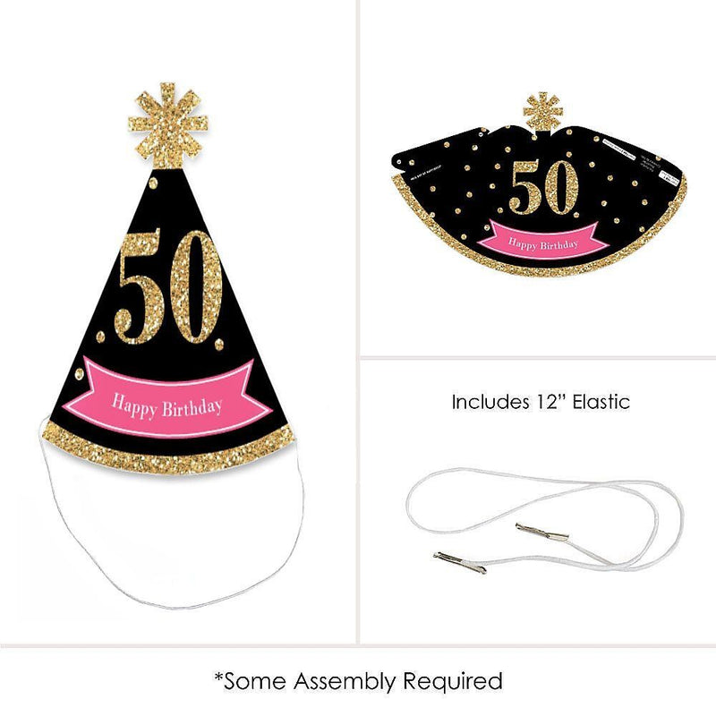 Chic 50th Birthday - Pink, Black and Gold - Mini Cone Birthday Party Hats - Small Little Party Hats - Set of 8