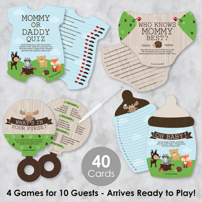 Woodland Creatures - 4 Baby Shower Games - 10 Cards Each - Who Knows Mommy Best, Mommy or Daddy Quiz, What's in Your Purse and Oh Baby - Gamerific Bundle