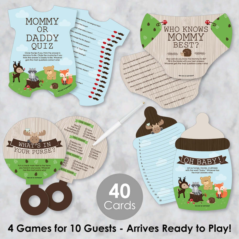 Woodland Creatures - 4 Baby Shower Games - 10 Cards Each - Who Knows Mommy Best, Mommy or Daddy Quiz, What&