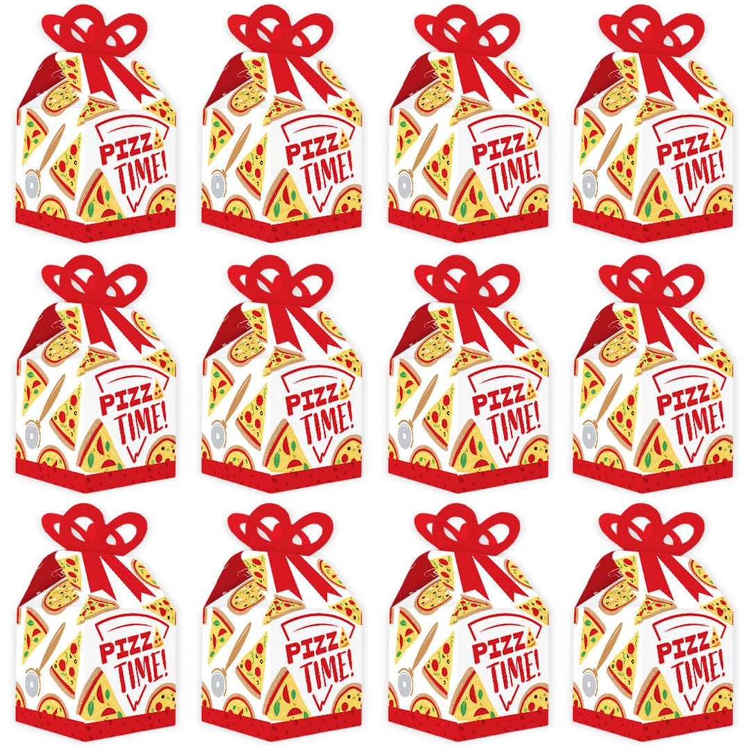 Pizza Party Time - Square Favor Gift Boxes - Baby Shower or Birthday Party Bow Boxes - Set of 12