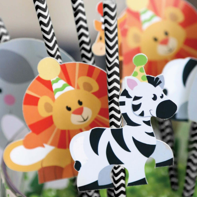 Jungle Party Animals - Paper Straw Decor - Safari Zoo Animal Birthday Party or Baby Shower Striped Decorative Straws - Set of 24