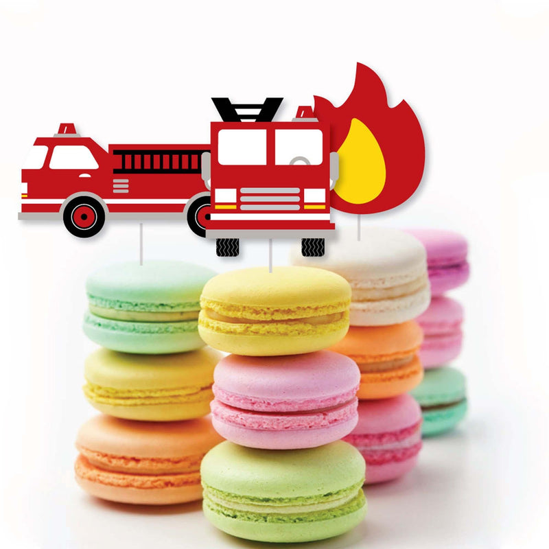 Fired Up Fire Truck - Dessert Cupcake Toppers - Firefighter Firetruck Baby Shower or Birthday Party Clear Treat Picks - Set of 24