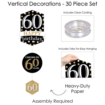 Adult 60th Birthday - Gold - Birthday Party DIY Dangler Backdrop - Hanging Vertical Decorations - 30 Pieces