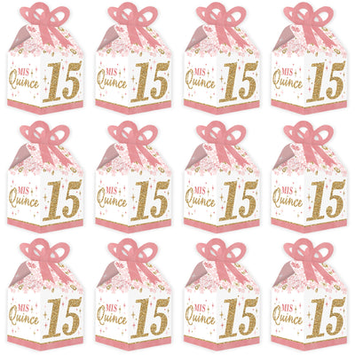 Mis Quince Anos - Square Favor Gift Boxes - Quinceanera Sweet 15 Birthday Party Bow Boxes - Set of 12