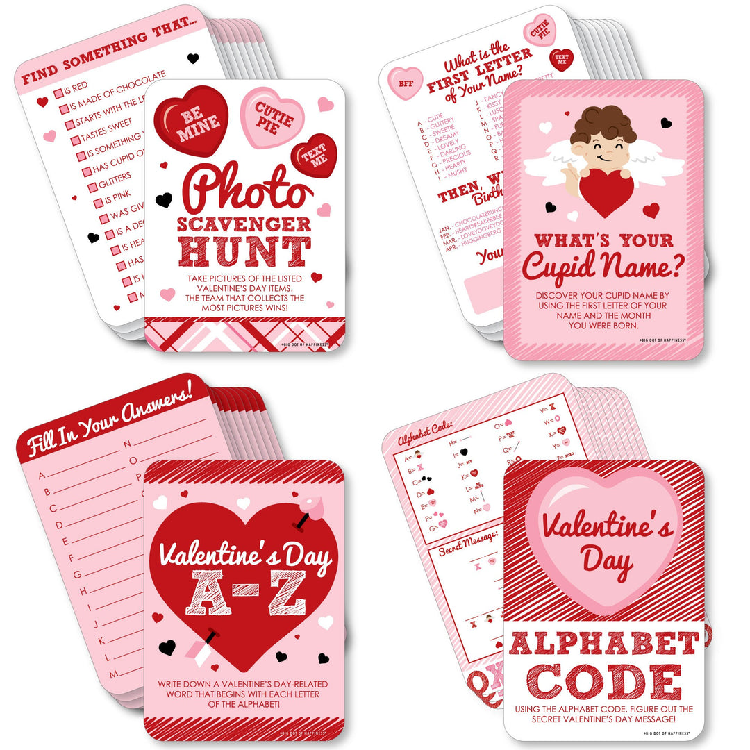 Conversation Hearts - 4 Valentine's Day Games - 10 Cards Each - A-Z, Alphabet Code, What's Your Cupid Name and Photo Scavenger Hunt - Gamerific Bundle