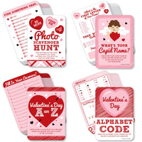 Conversation Hearts - 4 Valentine's Day Games - 10 Cards Each - A-Z, Alphabet Code, What's Your Cupid Name and Photo Scavenger Hunt - Gamerific Bundle