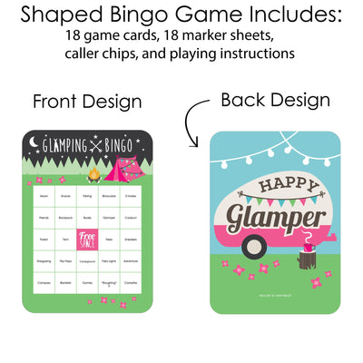Let's Go Glamping - Bingo Cards and Markers - Camp Glamp Party or Birthday Party Bingo Game - Set of 18