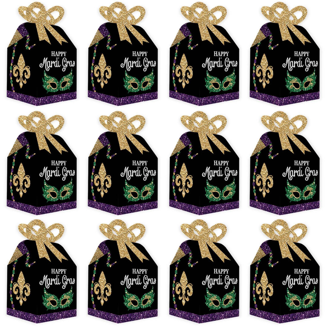 Mardi Gras - Square Favor Gift Boxes - Masquerade Party Bow Boxes - Set of 12