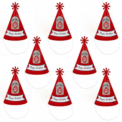 Fired Up Fire Truck - Cone Happy Birthday Party Hats for Kids and Adults - Set of 8 (Standard Size)