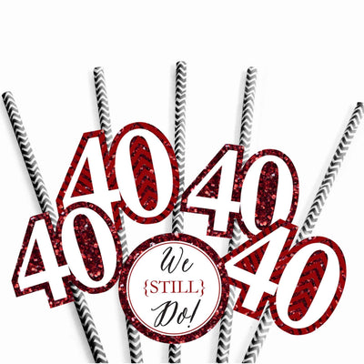 We Still Do - 40th Wedding Anniversary Paper Straw Decor - Anniversary Party Striped Decorative Straws - Set of 24