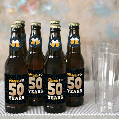 Cheers and Beers to 50 Years - 50th Birthday Decorations for Women and Men - 6 Beer Bottle Label Stickers and 1 Carrier