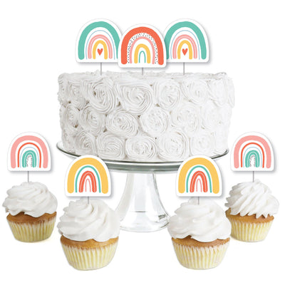 Hello Rainbow - Dessert Cupcake Toppers - Boho Baby Shower and Birthday Party Clear Treat Picks - Set of 24