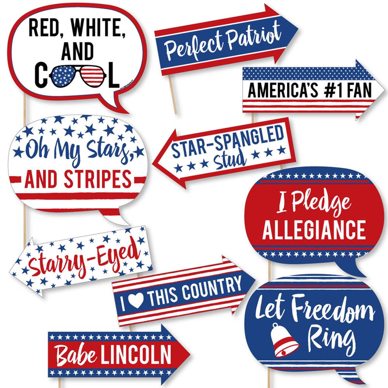 Funny Stars and Stripes - 10 Piece Memorial Day, 4th of July and Labor Day USA Patriotic Party Photo Booth Props Kit