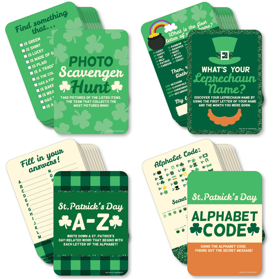 St. Patrick's Day - 4 Saint Patty's Day Party Games - 10 Cards Each - Photo Scavenger Hunt, What's Your Leprechaun Name, A-Z, Alphabet Code - Gamerific Bundle