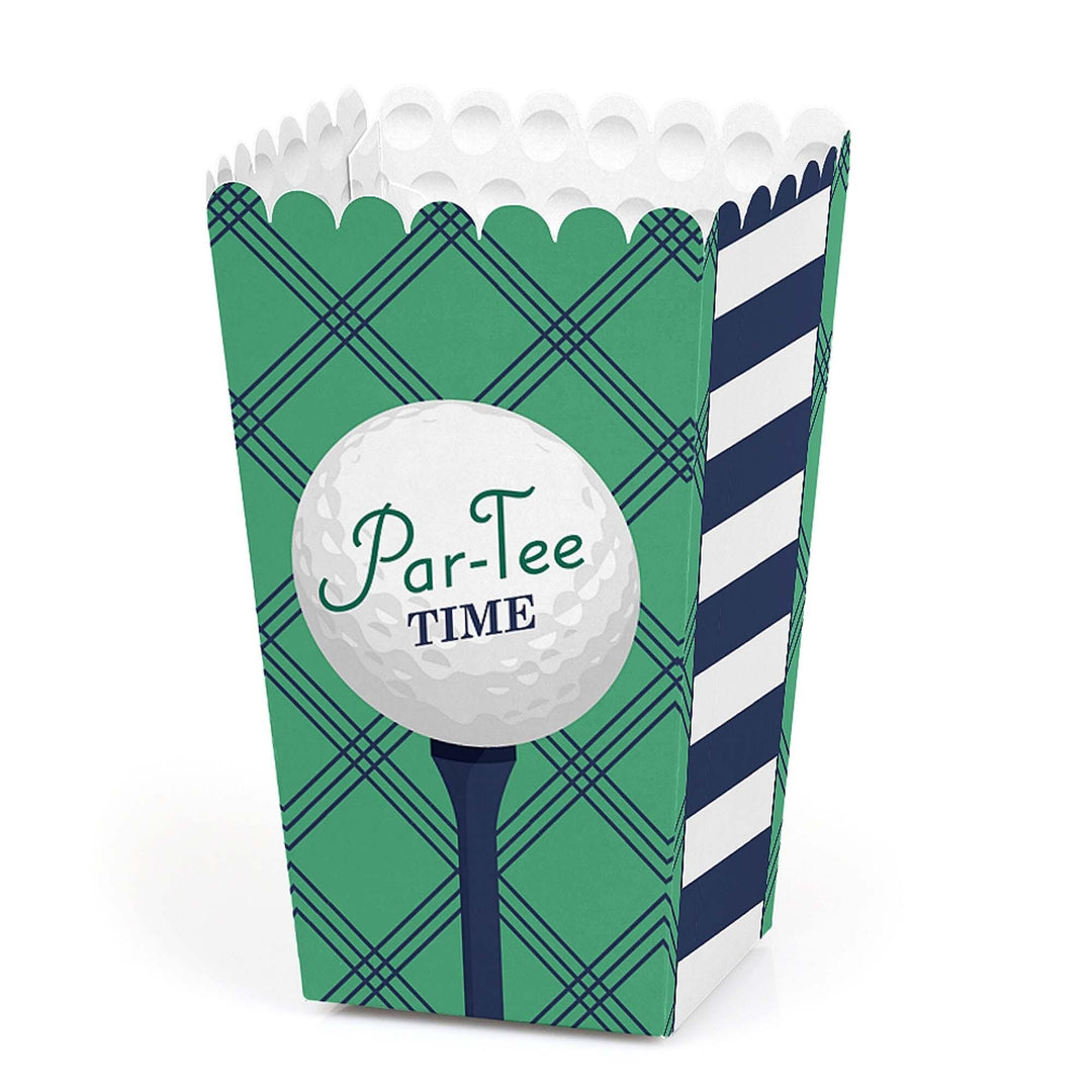 A popcorn treat box with a golf ball design, featuring the text 'Par-Tee Time' on a green and blue patterned background, suitable for a golf-themed birthday or retirement party.