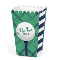 A popcorn treat box with a golf ball design, featuring the text 'Par-Tee Time' on a green and blue patterned background, suitable for a golf-themed birthday or retirement party.
