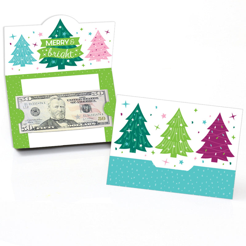 Merry and Bright Trees - Colorful Whimsical Christmas Party Money and Gift Card Holders - Set of 8