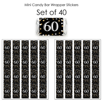 Adult 60th Birthday - Gold - Mini Candy Bar Wrapper Stickers - Birthday Party Small Favors - 40 Count