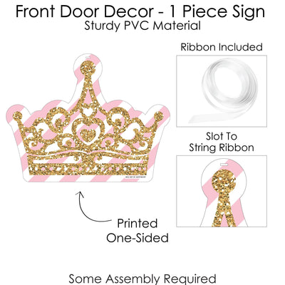 Little Princess Crown - Hanging Porch Pink and Gold Princess Baby Shower or Birthday Party Outdoor Decorations - Front Door Decor - 1 Piece Sign