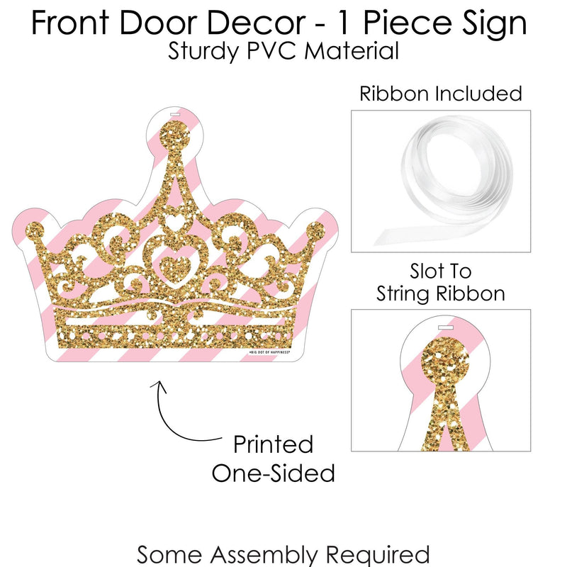 Little Princess Crown - Hanging Porch Pink and Gold Princess Baby Shower or Birthday Party Outdoor Decorations - Front Door Decor - 1 Piece Sign